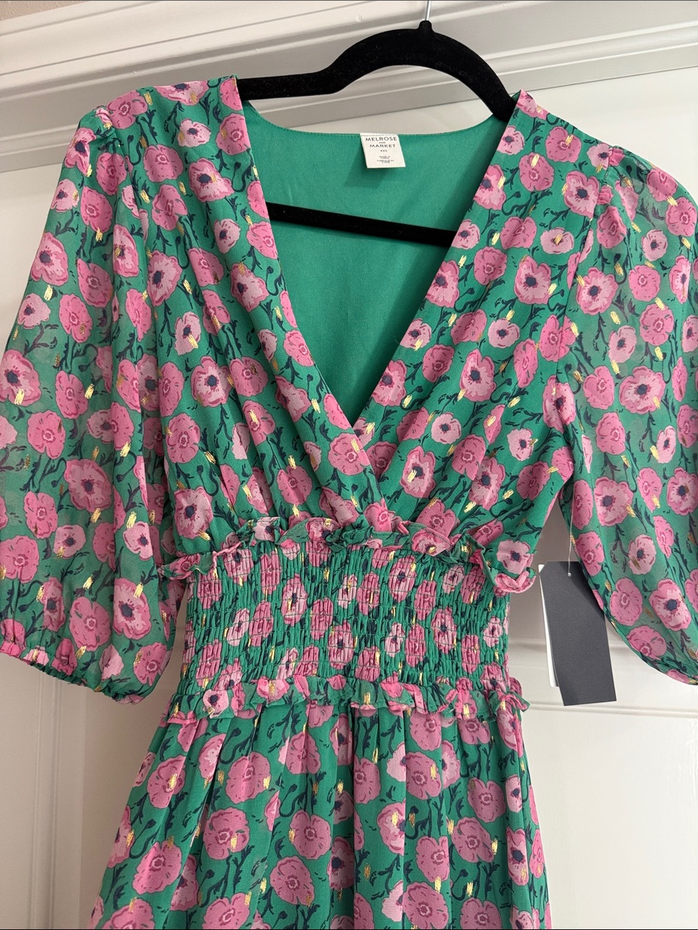 Nordstrom Rack Teal Floral Dress with Pink Blooms and Gold Foil